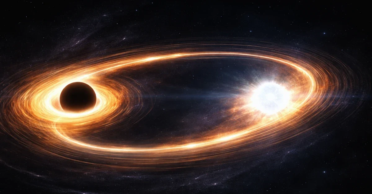 A glowing neutron star and a dark black hole swirling around each other in an elliptical, oval-shaped orbit against a backdrop of deep space.