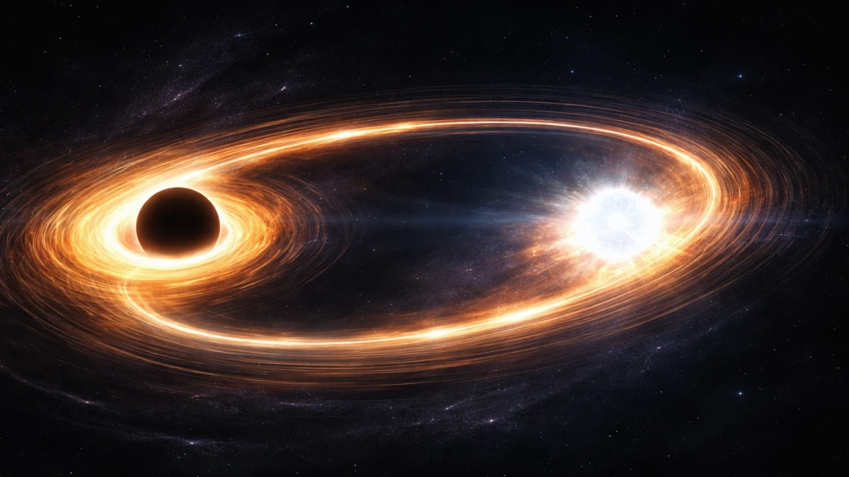 A glowing neutron star and a dark black hole swirling around each other in an elliptical, oval-shaped orbit against a backdrop of deep space.