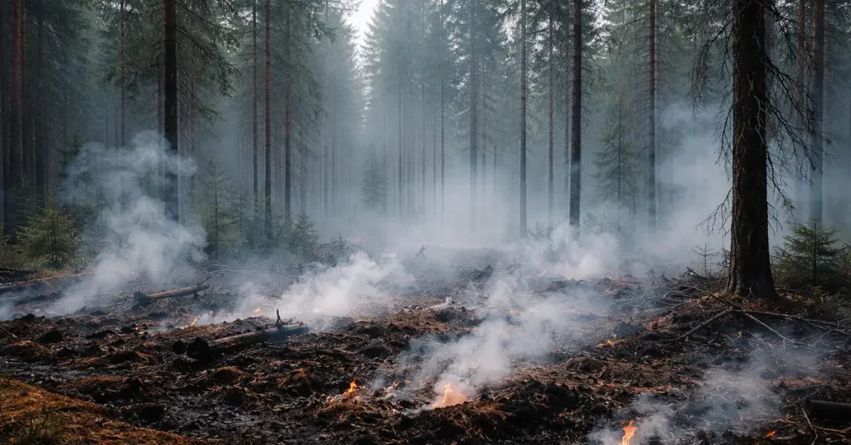 Low-intensity wildfire smoldering through peat soil on the floor of a boreal forest, with gray smoke rising from the charred ground rather than the trees, illustrating hidden underground carbon emissions from northern wildfires.