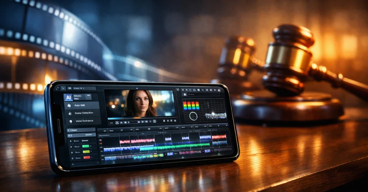 A smartphone displaying an AI video editing interface on a desk, with abstract film strips and a legal gavel in the blurred background.