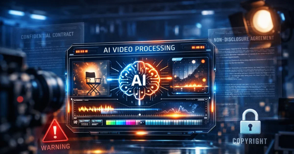 A futuristic AI video processing interface displaying cinematic visuals, symbolizing the Seedance 2.0 technology amidst legal controversies with the film industry.