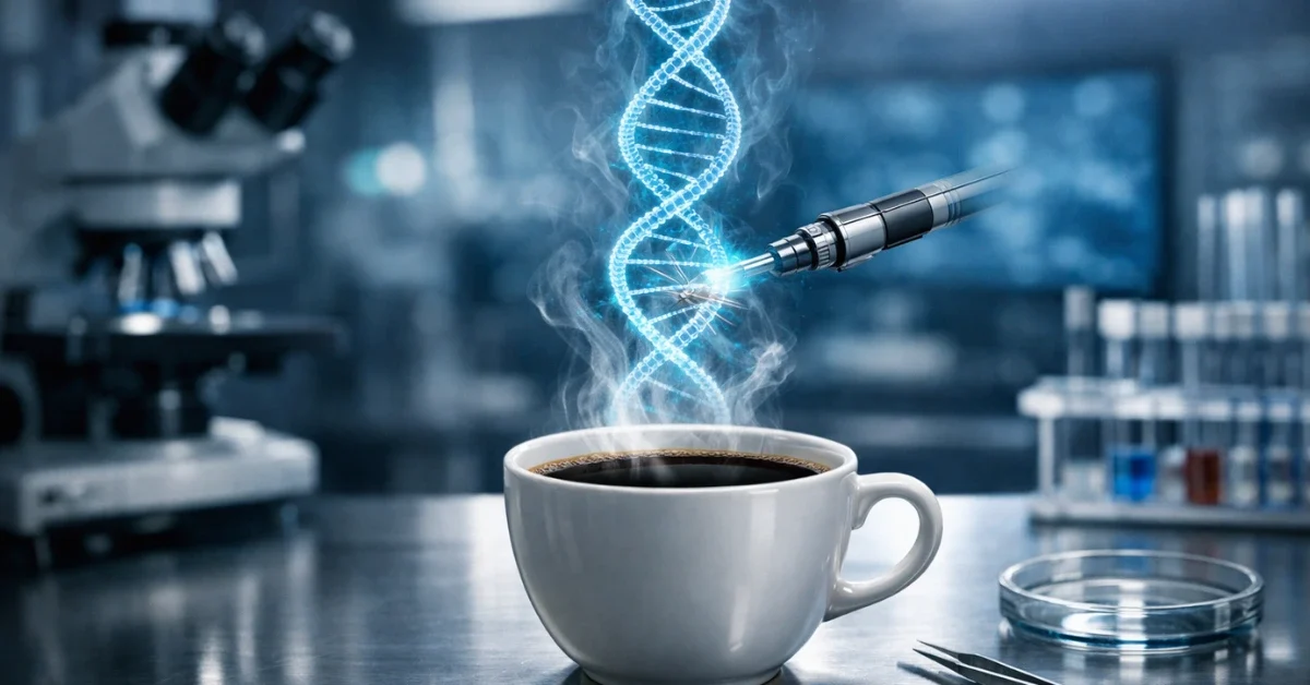 A cup of coffee on a laboratory table with a glowing holographic DNA strand rising from the steam, representing gene editing.