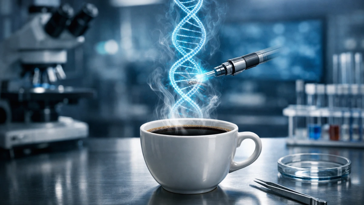 A cup of coffee on a laboratory table with a glowing holographic DNA strand rising from the steam, representing gene editing.