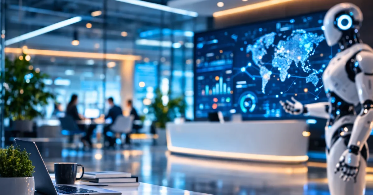 A modern, high-tech corporate office lobby with blurred futuristic elements representing an artificial intelligence and robotics company.