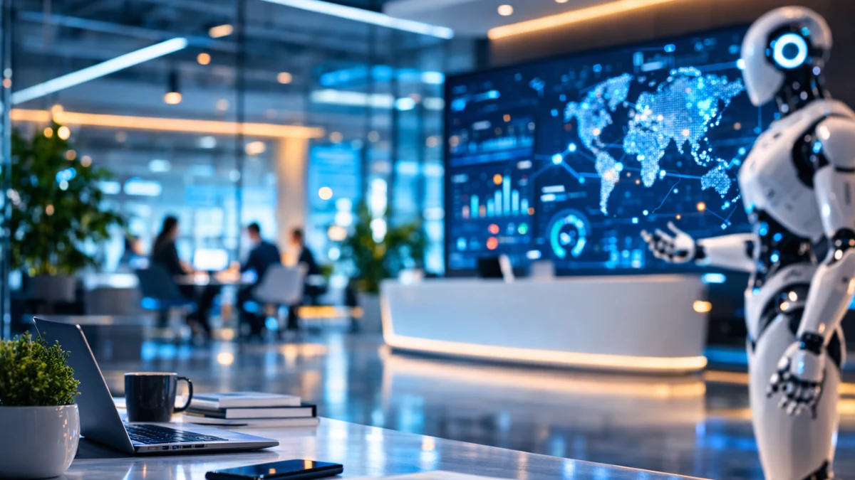A modern, high-tech corporate office lobby with blurred futuristic elements representing an artificial intelligence and robotics company.
