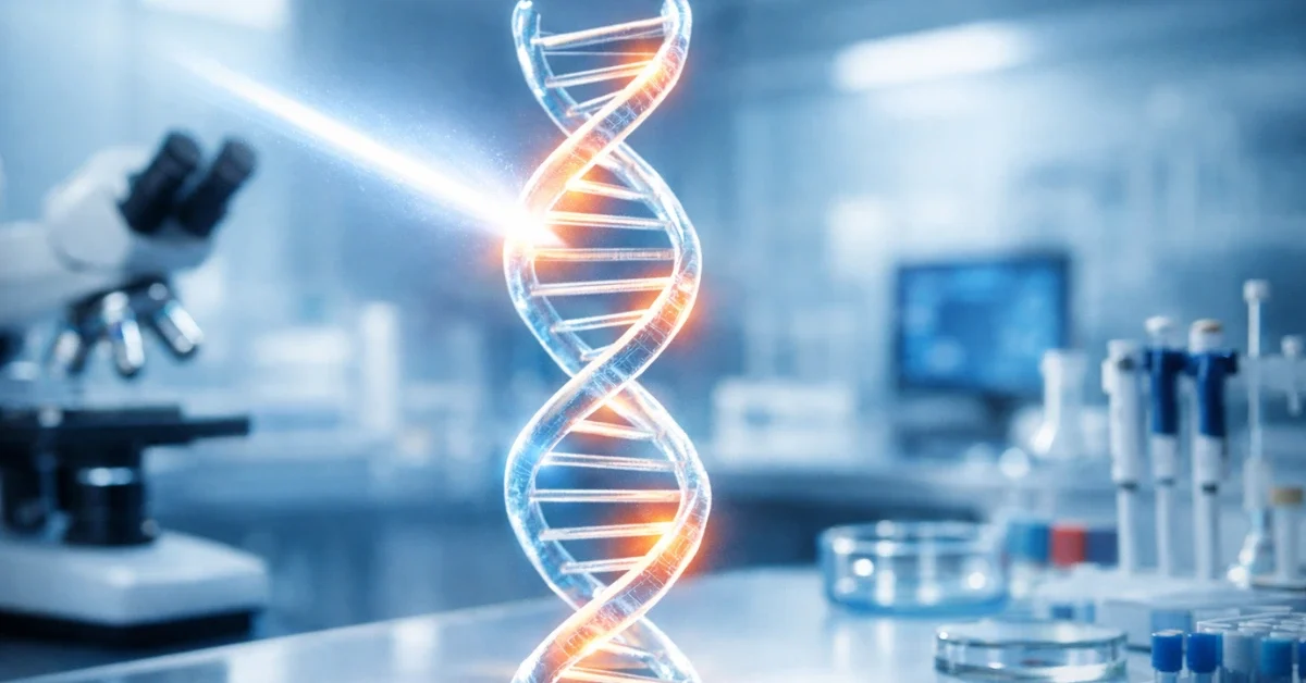 A brightly lit, modern medical laboratory featuring a glowing DNA double-helix that represents advanced prime gene editing technology.