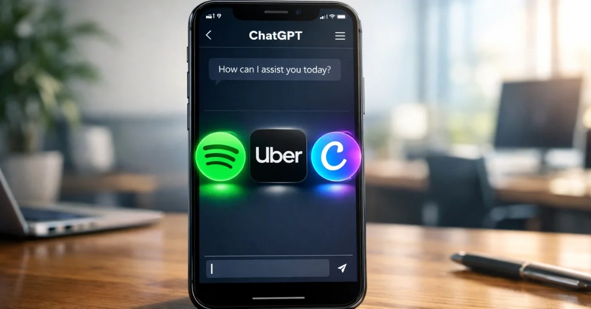 A modern smartphone on a wooden office desk displaying the ChatGPT interface with integrated app icons for Spotify, Uber, and Canva.