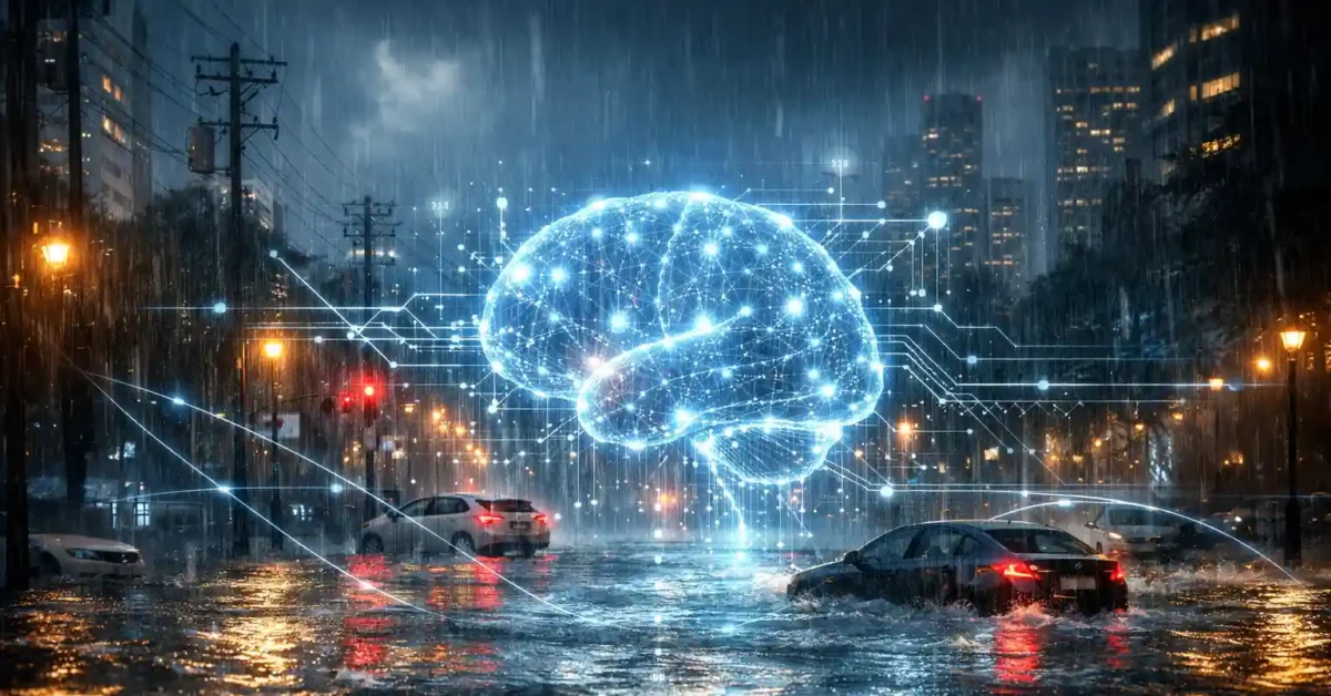 A digital artificial intelligence network mapped over a flooded city street, representing AI flood forecasting technology.