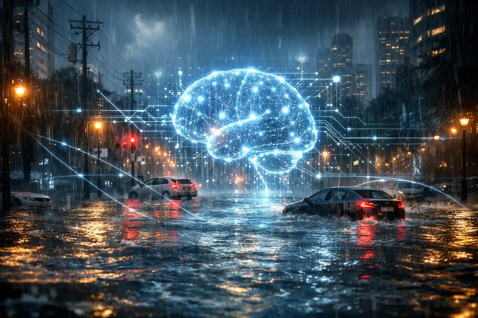 A digital artificial intelligence network mapped over a flooded city street, representing AI flood forecasting technology.