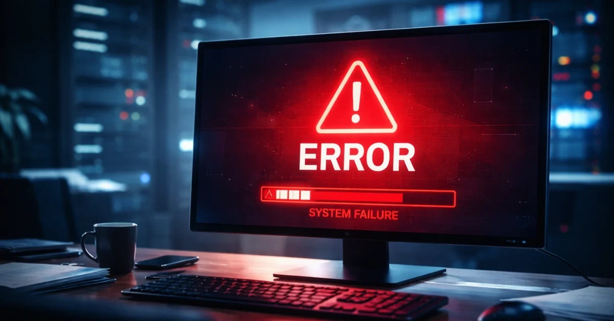 A computer monitor in a dark office displays a glowing red error message, illustrating a digital platform outage.