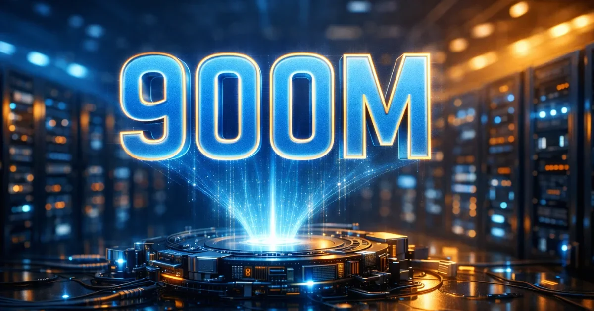 A glowing holographic display representing 900 million users hovering over a modern high-tech server room, illustrating the massive scale of artificial intelligence infrastructure.