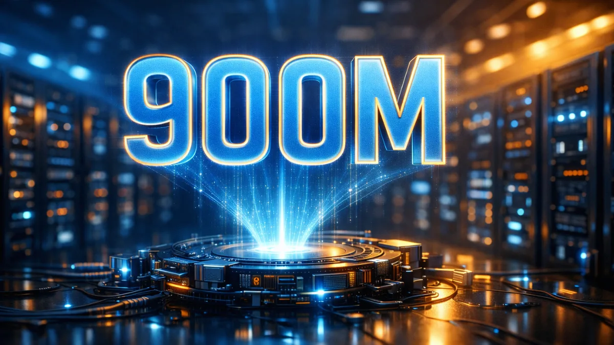 A glowing holographic display representing 900 million users hovering over a modern high-tech server room, illustrating the massive scale of artificial intelligence infrastructure.