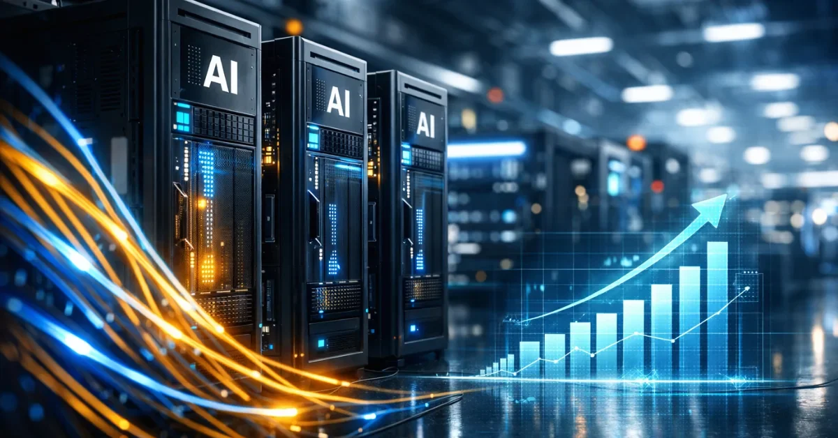 Futuristic server room representing China's investment in artificial intelligence, quantum computing, and technological innovation for 2026 economic growth.