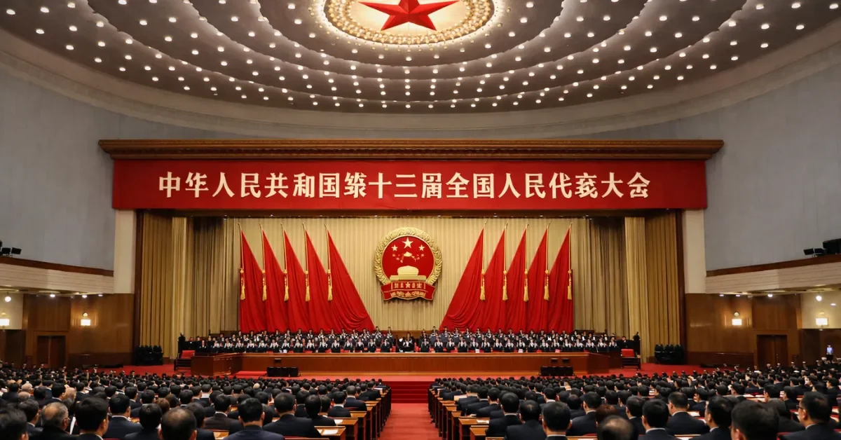 A wide view of the Great Hall of the People in Beijing, showing rows of delegates attending China's annual National People's Congress beneath a bright red star ceiling.