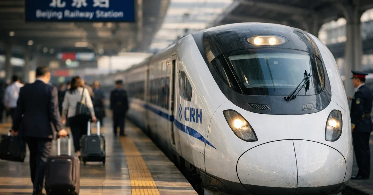 A passenger train waits at a railway platform in Beijing as travelers with luggage prepare to board.