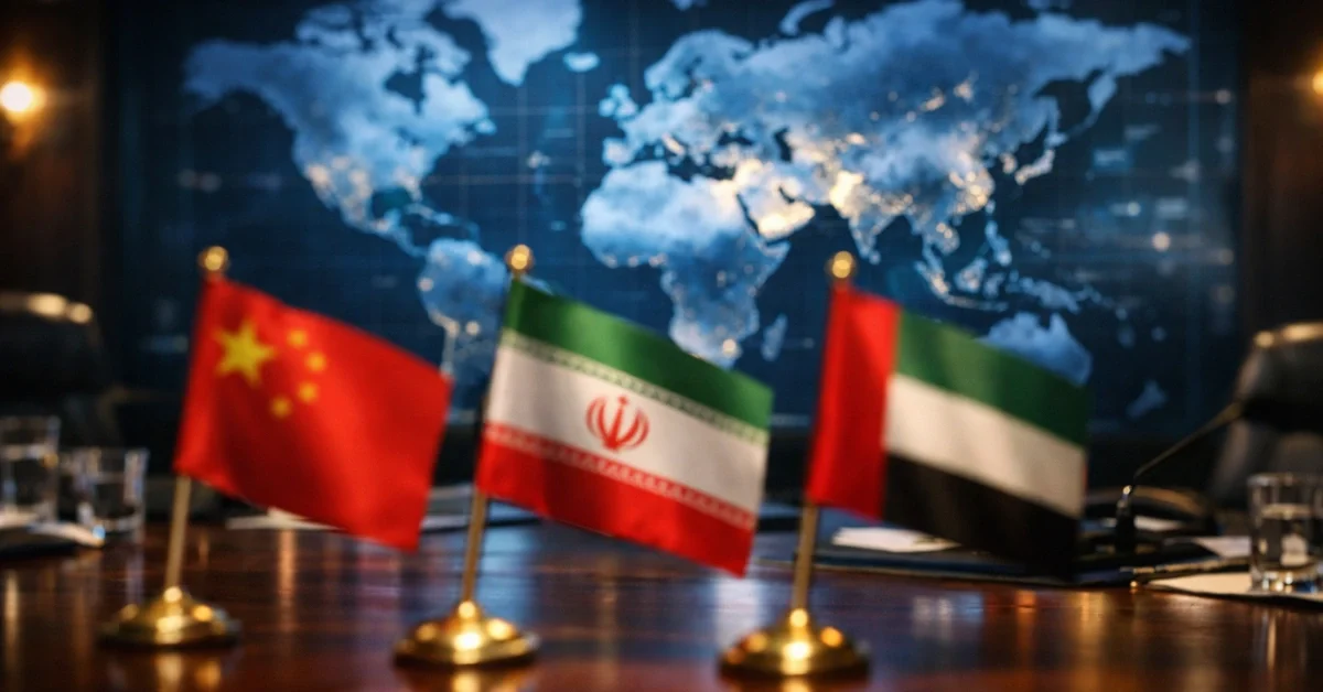 Desk flags of China, Iran, and Gulf nations on a conference table in a softly lit international diplomatic crisis room.