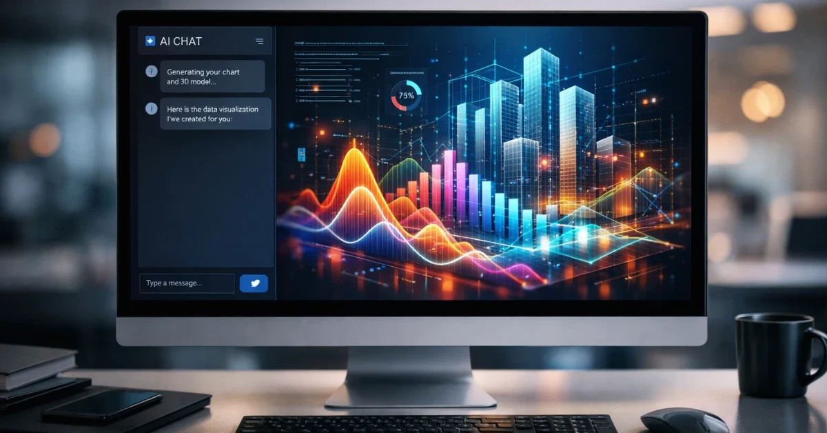 A computer monitor on a modern office desk displaying an interactive AI-generated chart and architectural diagram in a chat interface.
