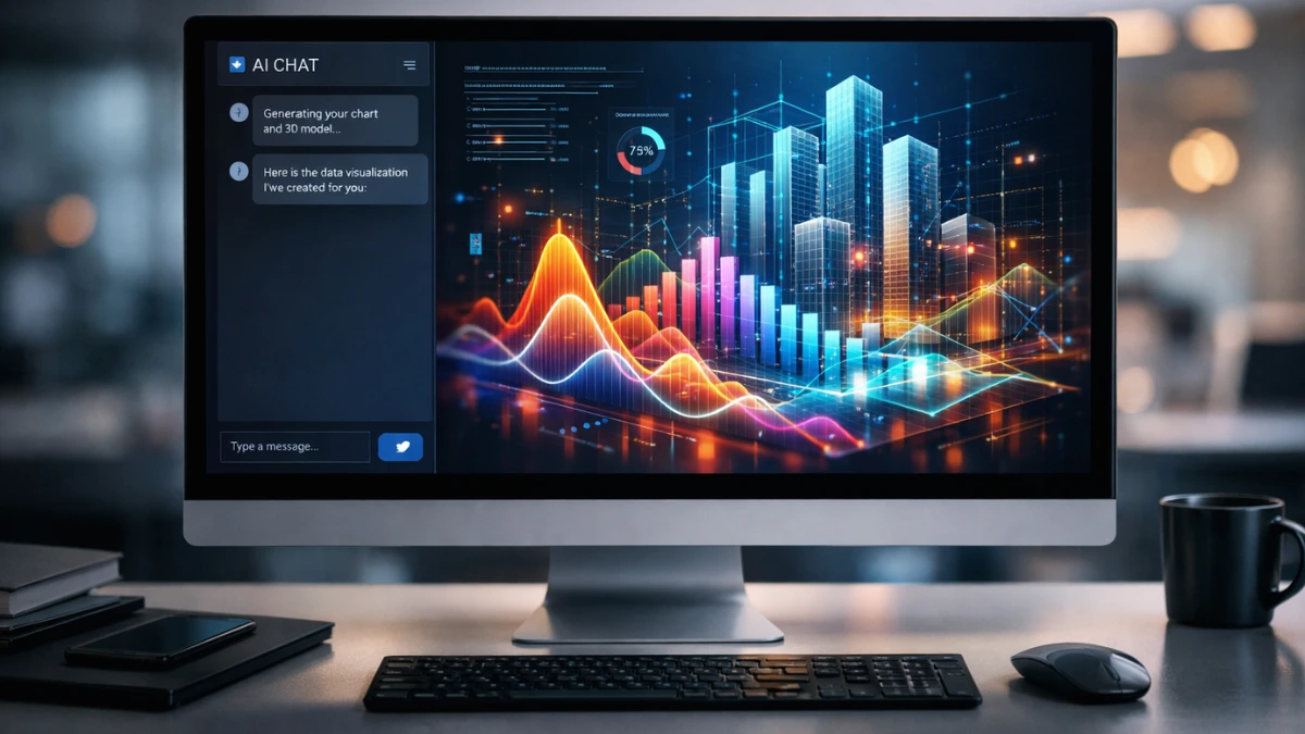 A computer monitor on a modern office desk displaying an interactive AI-generated chart and architectural diagram in a chat interface.