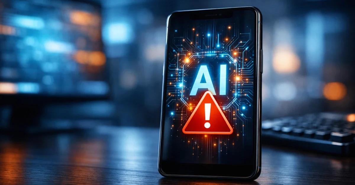 A smartphone on a desk displaying an AI error screen, representing the widespread Claude AI outage affecting Anthropic's consumer chatbot services.