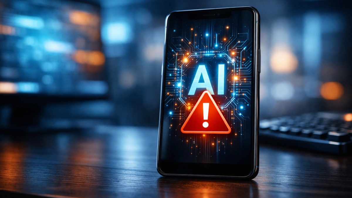 A smartphone on a desk displaying an AI error screen, representing the widespread Claude AI outage affecting Anthropic's consumer chatbot services.