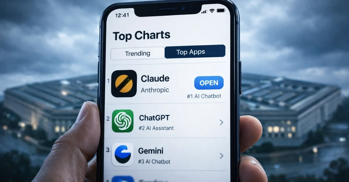 Smartphone displaying Anthropic Claude AI app ranked number one in the U.S. App Store, with the Pentagon building blurred in the background.