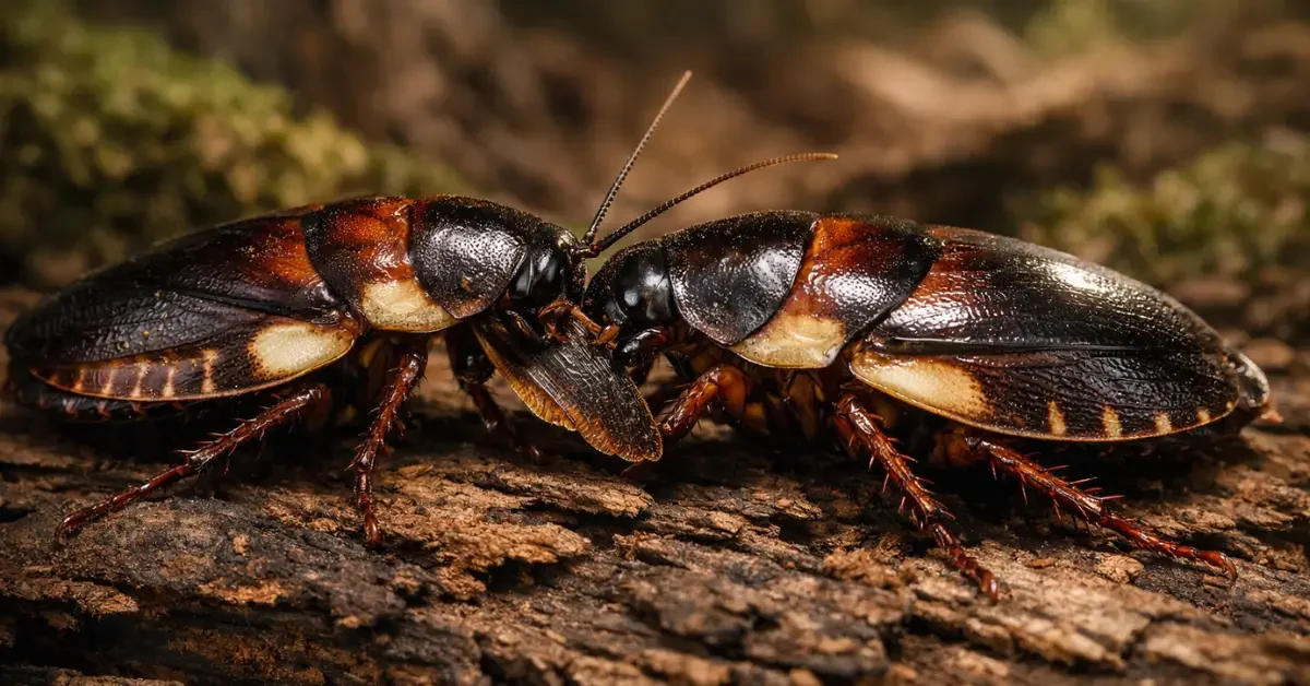 Two wood-feeding cockroaches (Salganea taiwanensis) facing each other on rotting wood, with one biting the other's wing during their mutual wing-eating bonding ritual.