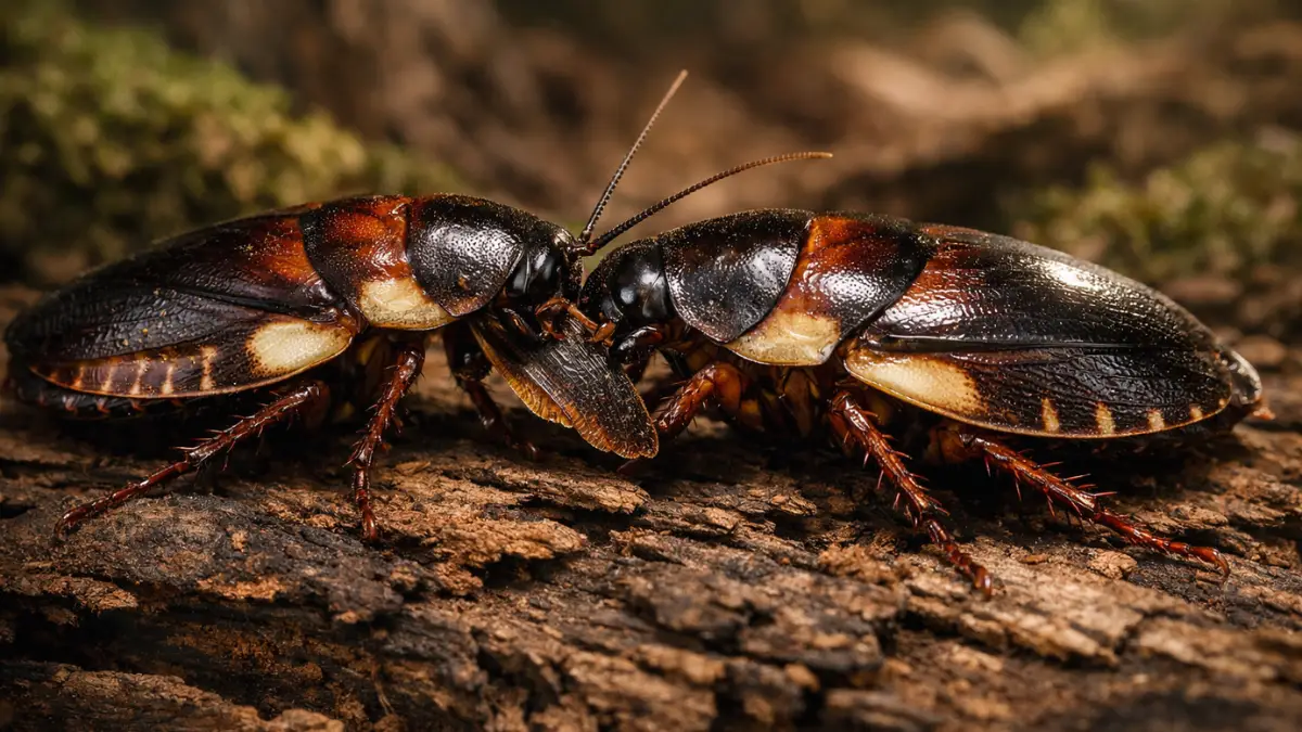 Two wood-feeding cockroaches (Salganea taiwanensis) facing each other on rotting wood, with one biting the other's wing during their mutual wing-eating bonding ritual.