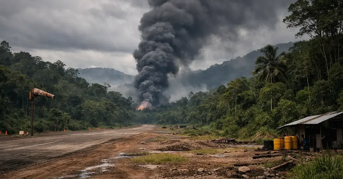 A thick column of smoke rises over the dense Amazonian jungle in Putumayo, Colombia, following a tragic military plane crash.