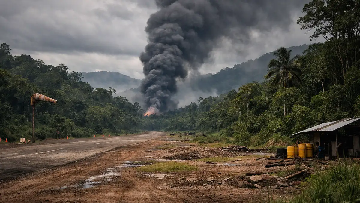 A thick column of smoke rises over the dense Amazonian jungle in Putumayo, Colombia, following a tragic military plane crash.