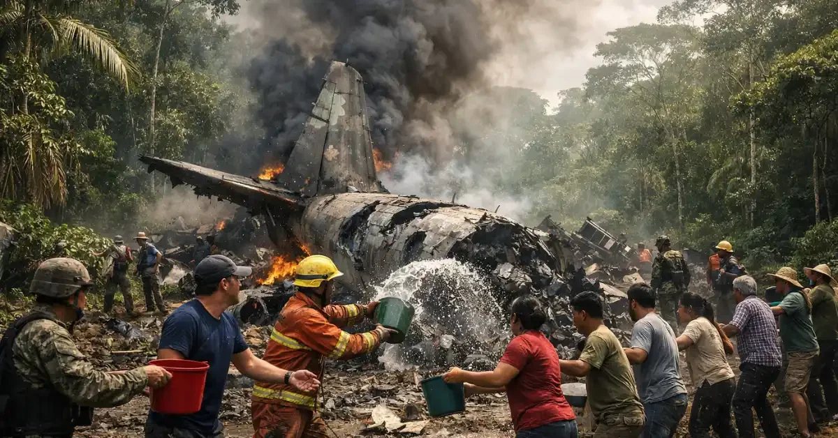 A wide shot of a damaged military plane fuselage in an Amazonian forest clearing, with smoke rising and people forming a human chain to throw water on the wreckage.
