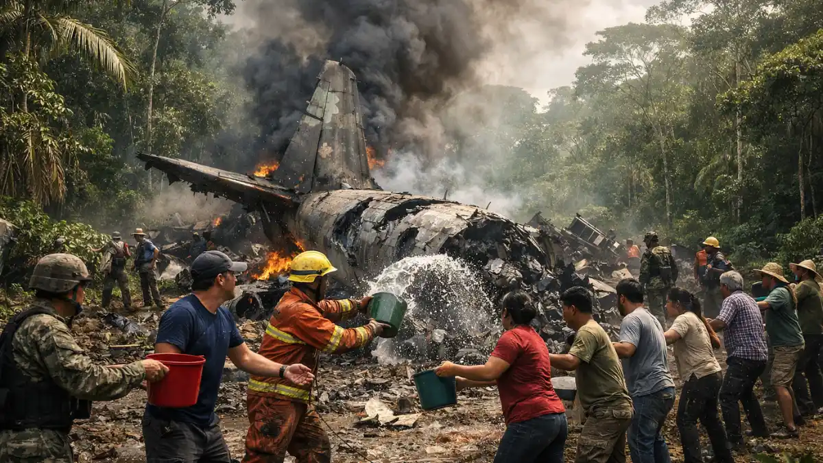 A wide shot of a damaged military plane fuselage in an Amazonian forest clearing, with smoke rising and people forming a human chain to throw water on the wreckage.
