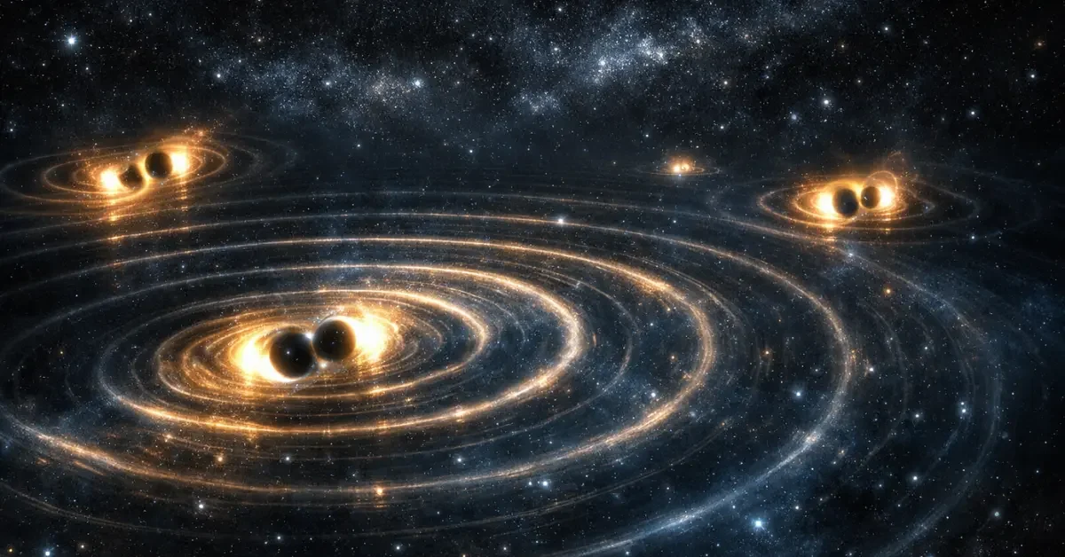 An artistic representation of glowing gravitational waves rippling across a dark, star-filled universe, illustrating the cosmic hum from distant black hole mergers.