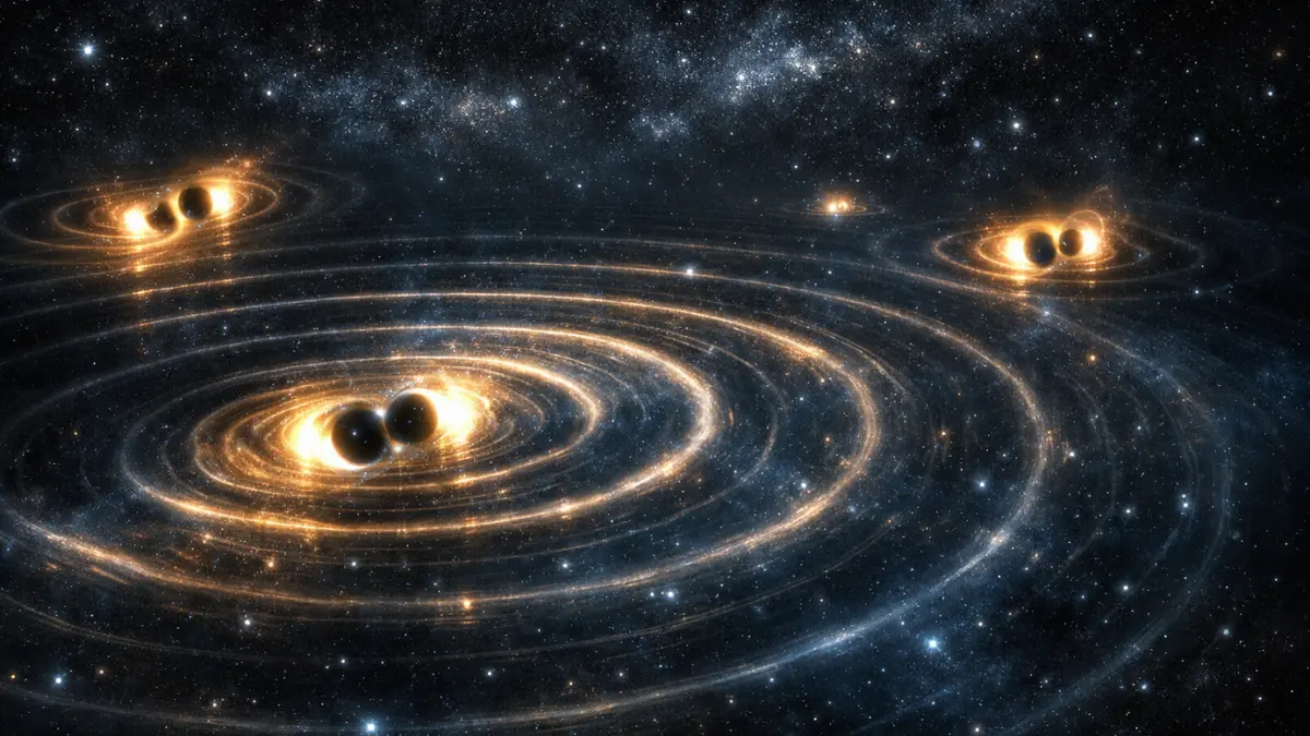 An artistic representation of glowing gravitational waves rippling across a dark, star-filled universe, illustrating the cosmic hum from distant black hole mergers.