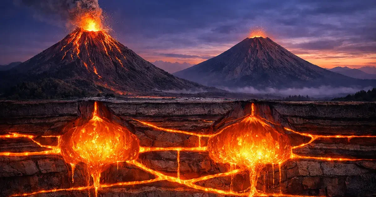 A cross-section view showing glowing orange magma chambers connecting two neighboring volcanoes beneath a dark, twilight landscape.