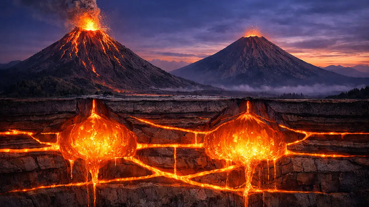 A cross-section view showing glowing orange magma chambers connecting two neighboring volcanoes beneath a dark, twilight landscape.