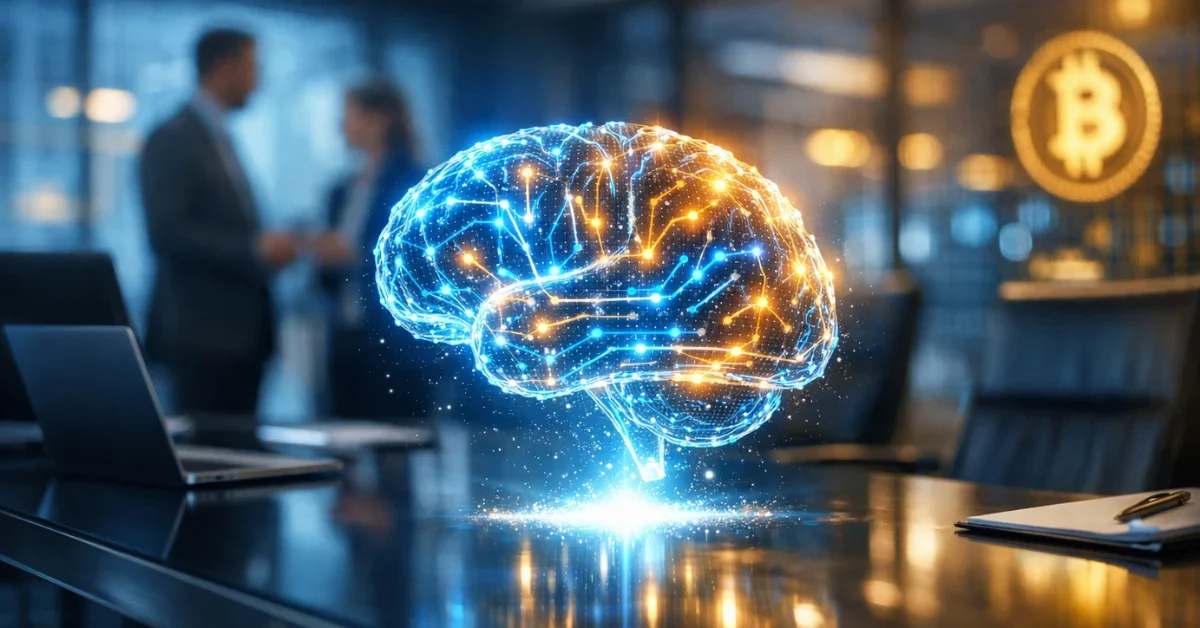 A modern corporate office featuring a glowing artificial intelligence hologram above a glass table, representing technological integration.