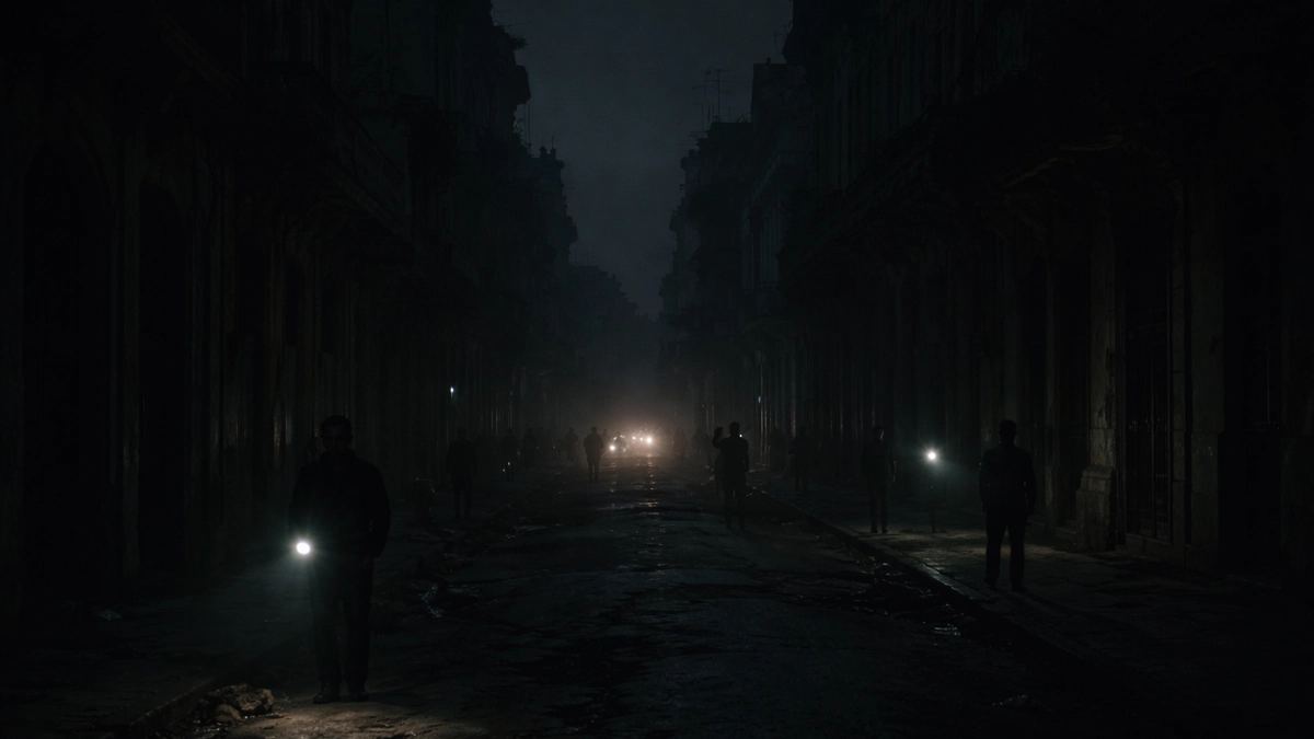 A dark street in Havana, Cuba, entirely without power during a nationwide electrical grid collapse, illuminated only by faint flashlights and headlights.
