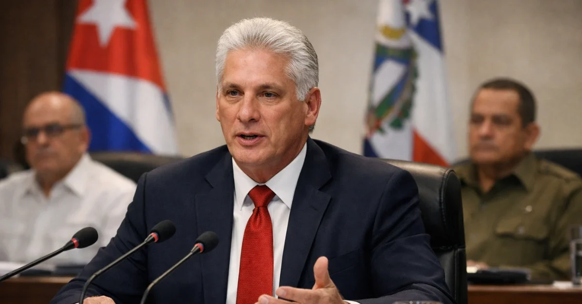 A hyper-realistic image of Cuban President Miguel Díaz-Canel speaking during a formal government meeting, with officials seated behind him in a conference room.