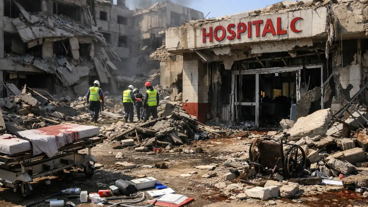 The heavily damaged entrance of a concrete hospital building in Sudan following a drone strike, with scattered debris and emergency responders assessing the destruction in daylight.