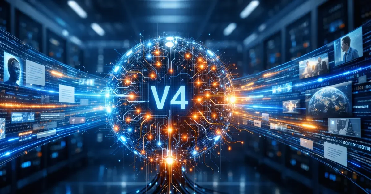 A futuristic neural network core in a modern data center representing the massive processing power of the DeepSeek V4 AI model.