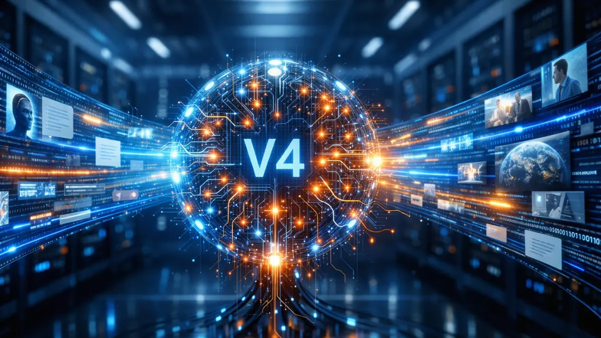 A futuristic neural network core in a modern data center representing the massive processing power of the DeepSeek V4 AI model.