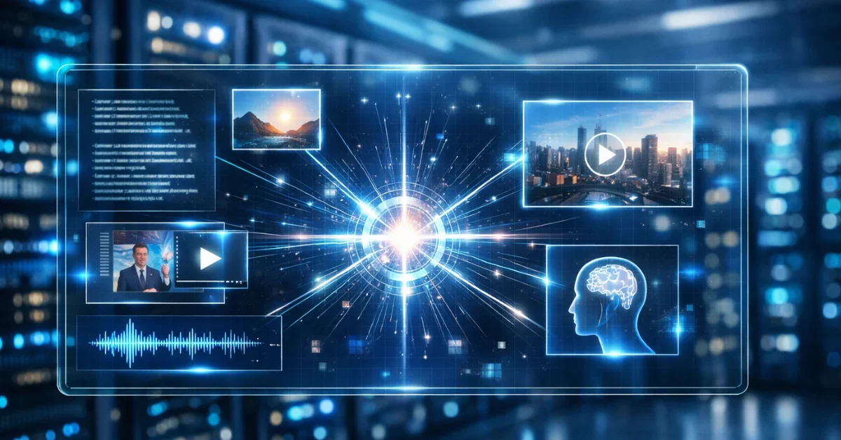 A futuristic digital interface displaying text, image, and video streams converging, representing a multimodal artificial intelligence system in an advanced server room.