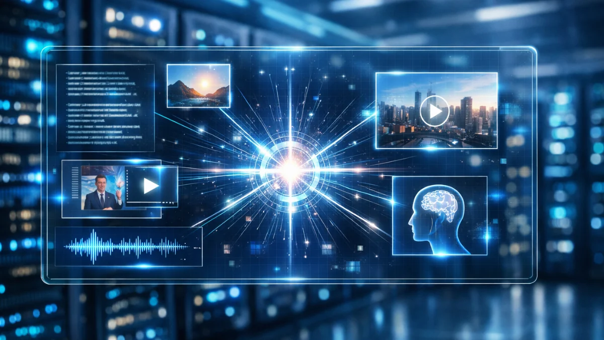 A futuristic digital interface displaying text, image, and video streams converging, representing a multimodal artificial intelligence system in an advanced server room.