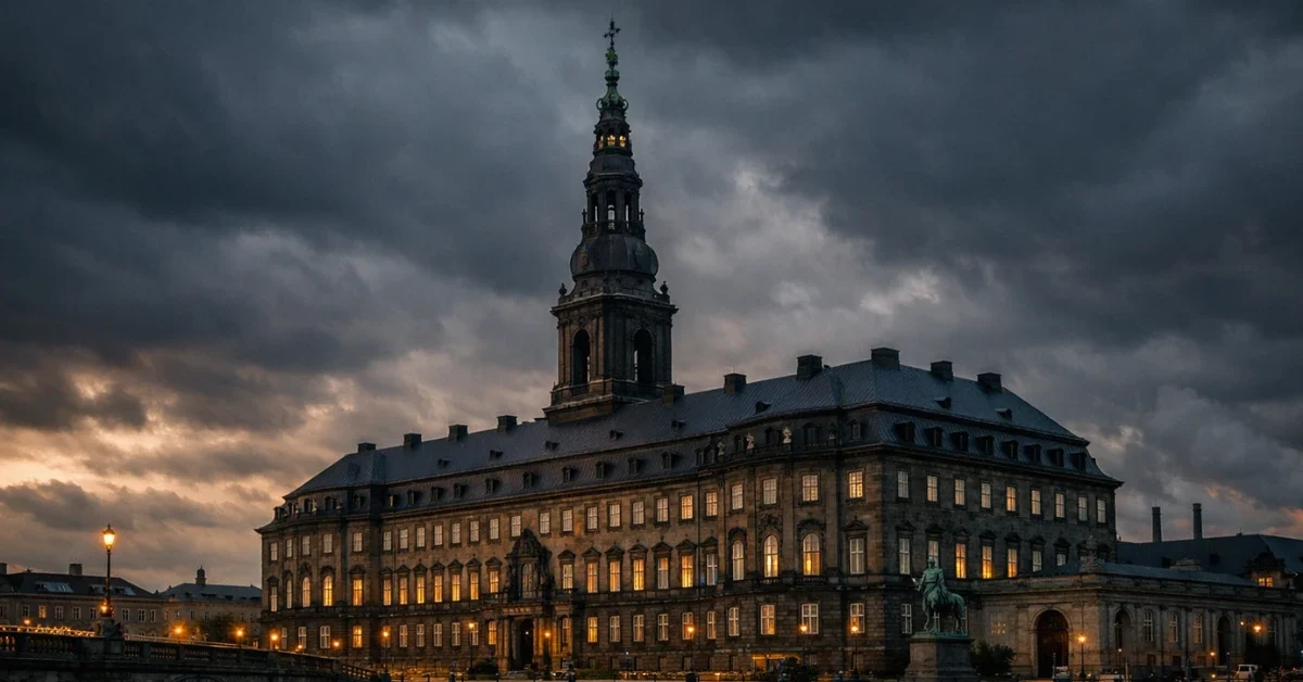 The Danish parliament building at dusk, symbolizing the political uncertainty following the deadlocked Denmark election.