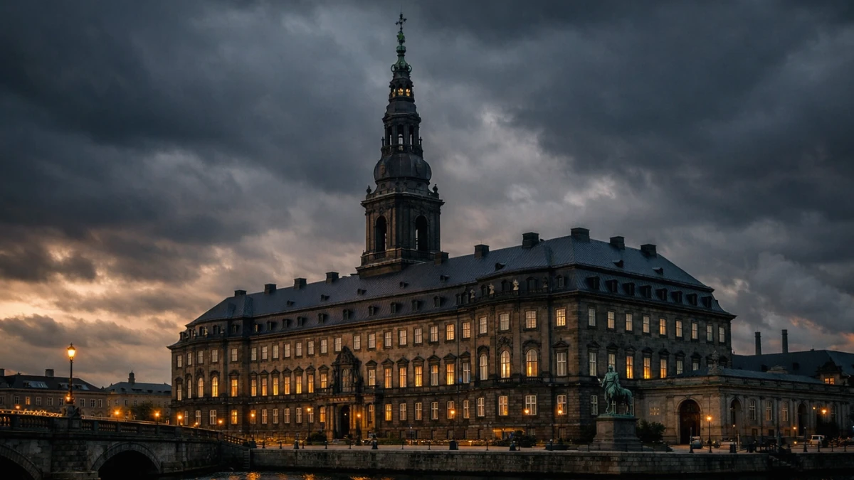 The Danish parliament building at dusk, symbolizing the political uncertainty following the deadlocked Denmark election.