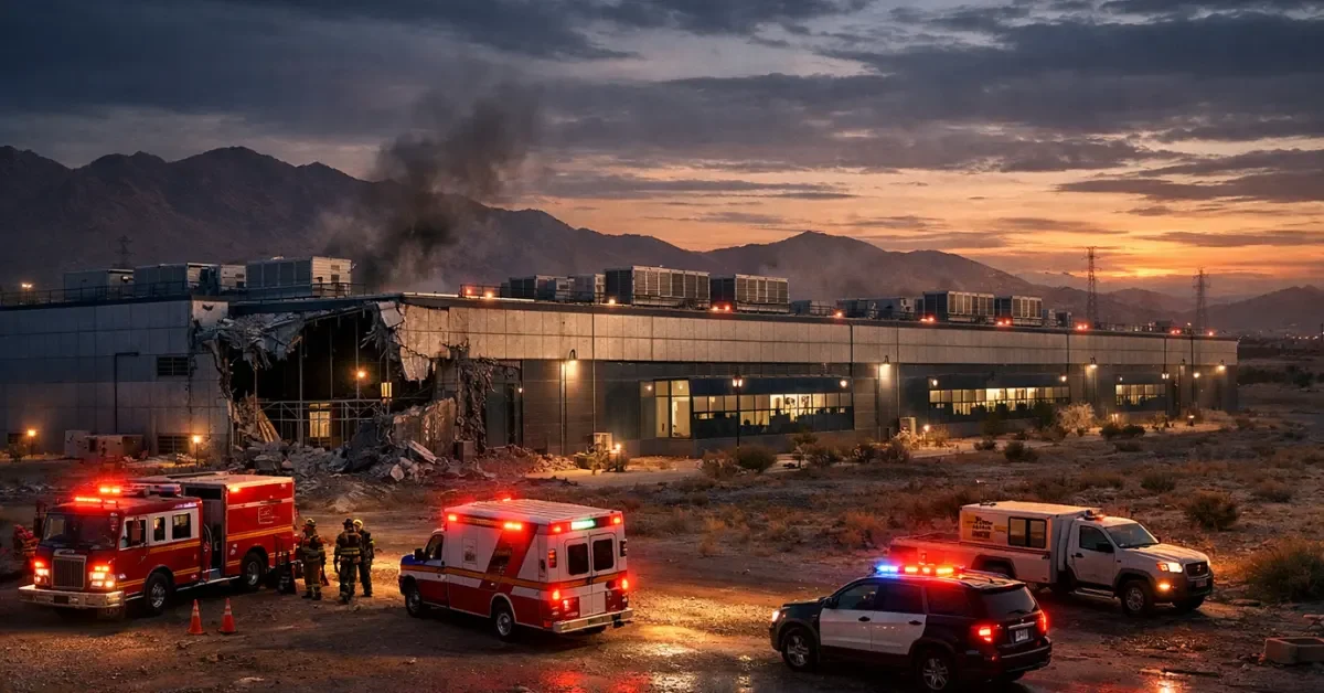 A large modern data center in a desert landscape at dusk with emergency vehicles stationed outside.