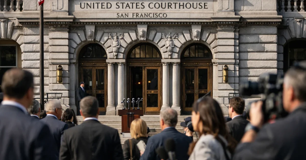 A majestic federal courthouse building in San Francisco with reporters and professionals gathered on the front steps.