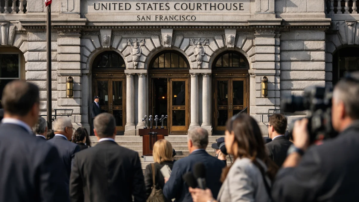 A majestic federal courthouse building in San Francisco with reporters and professionals gathered on the front steps.