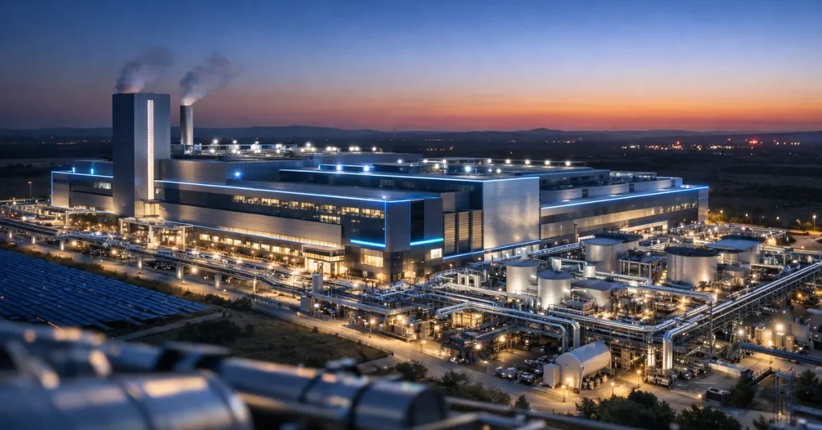 A large, futuristic semiconductor manufacturing facility illuminated at dusk in a Texas landscape.