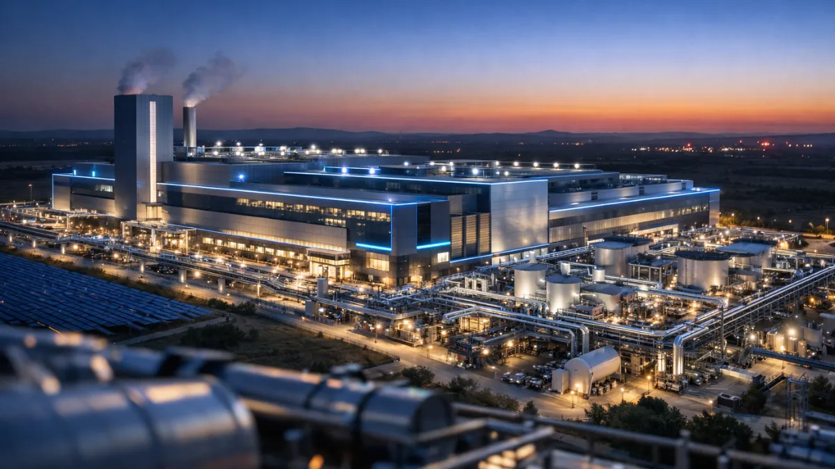 A large, futuristic semiconductor manufacturing facility illuminated at dusk in a Texas landscape.